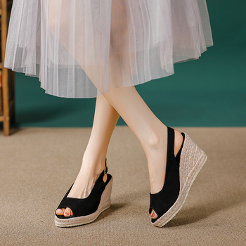 Дамски платформи сандали от слама със закопчалка, горна и вътрешна част от супер влакна, гумена подметка