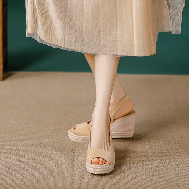 Дамски платформи сандали от слама със закопчалка, горна и вътрешна част от супер влакна, гумена подметка