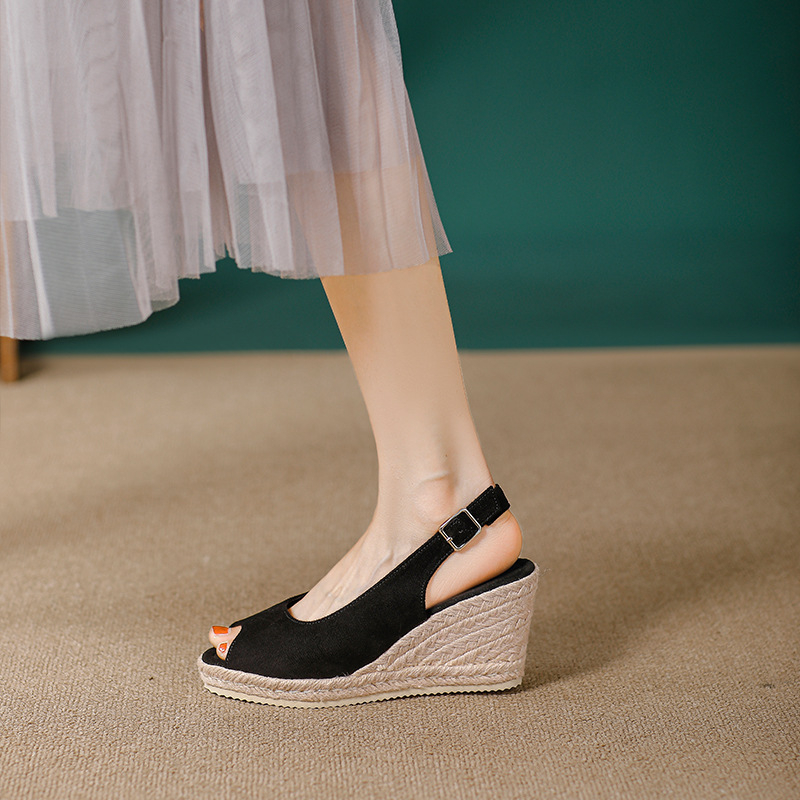 Дамски платформи сандали от слама със закопчалка, горна и вътрешна част от супер влакна, гумена подметка