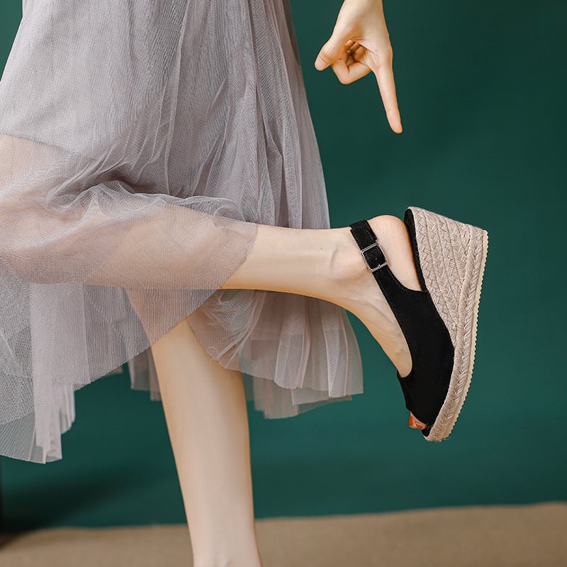 Дамски платформи сандали от слама със закопчалка, горна и вътрешна част от супер влакна, гумена подметка