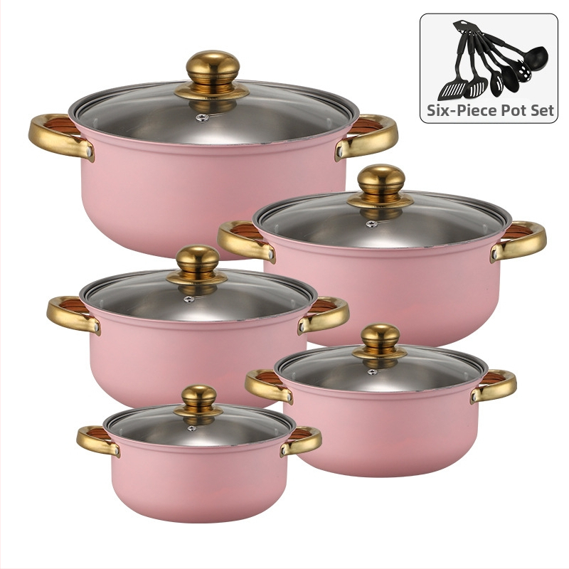 Puodų rinkinys iš 400 serijos nerūdijančio plieno, be dūmų puodas, stiklinis dangtelis, suderinamas su įprastomis plokštėmis, 10 dalių rinkinys