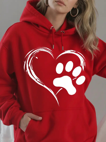 Худи суитшърт с принт котешка лапа и сърце – свободна кройка, дълъг ръкав, полиестер, ежедневен стил