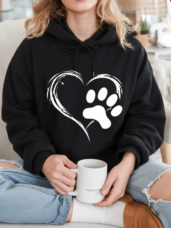 Худи суитшърт с принт котешка лапа и сърце – свободна кройка, дълъг ръкав, полиестер, ежедневен стил