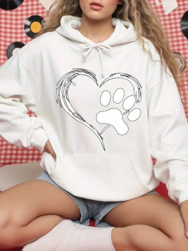 Худи суитшърт с принт котешка лапа и сърце – свободна кройка, дълъг ръкав, полиестер, ежедневен стил
