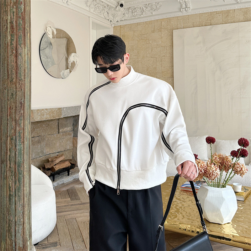 Мъжки суитшърт с висока яка и цип, флисова материя, рамиева тъкан (51–70%), права кройка