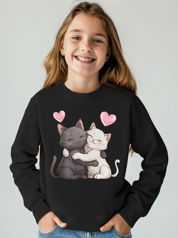 Детски суитшърт с котешки принт, кръгло деколте, дълъг ръкав, без качулка