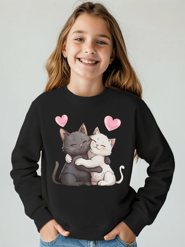 Детски суитшърт с котешки принт, кръгло деколте, дълъг ръкав, без качулка