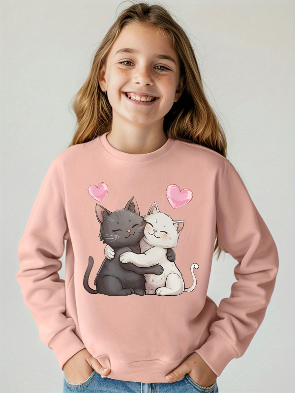 Детски суитшърт с котешки принт, кръгло деколте, дълъг ръкав, без качулка