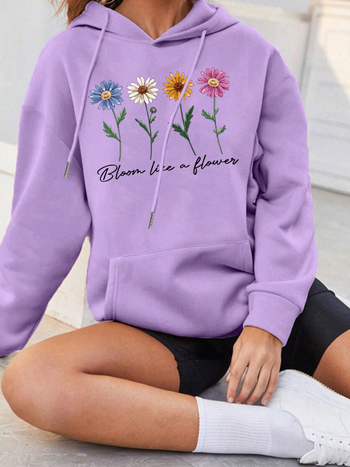 Худи с качулка, флорален принт, свободен силует, дълги ръкави, полиестер, есен 2024
