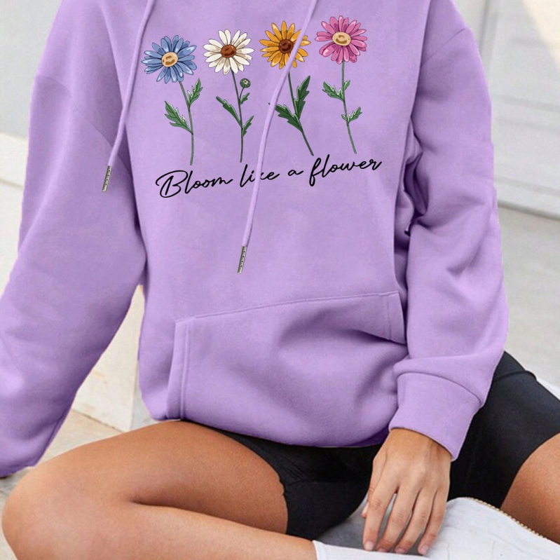 Худи с качулка, флорален принт, свободен силует, дълги ръкави, полиестер, есен 2024