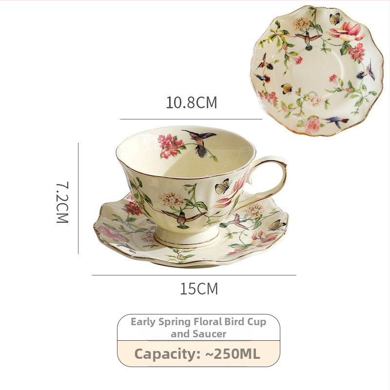 Чаша за кафе с чинийка, флорална шарка, пасторален стил, печатно лого, тегло 380 g