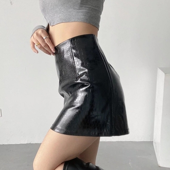 PU кожена мини пола, висока талия, крокодилен модел, прилепващ силует, анти-излагане