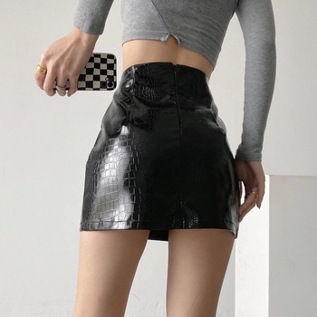 PU кожена мини пола, висока талия, крокодилен модел, прилепващ силует, анти-излагане