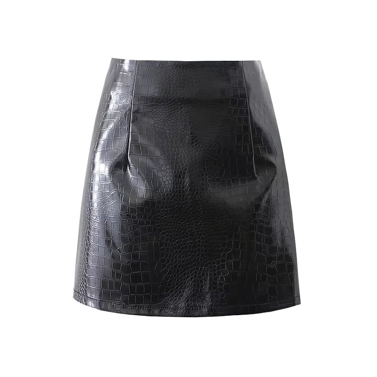 PU кожена мини пола, висока талия, крокодилен модел, прилепващ силует, анти-излагане
