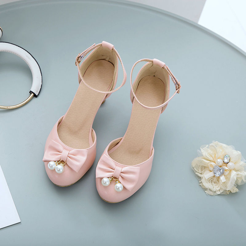 Детски обувки на токчета, корейски стил, горна част от изкуствена кожа, заоблен нос, подметка от синтетична гума, за деца на възраст 7–16 години