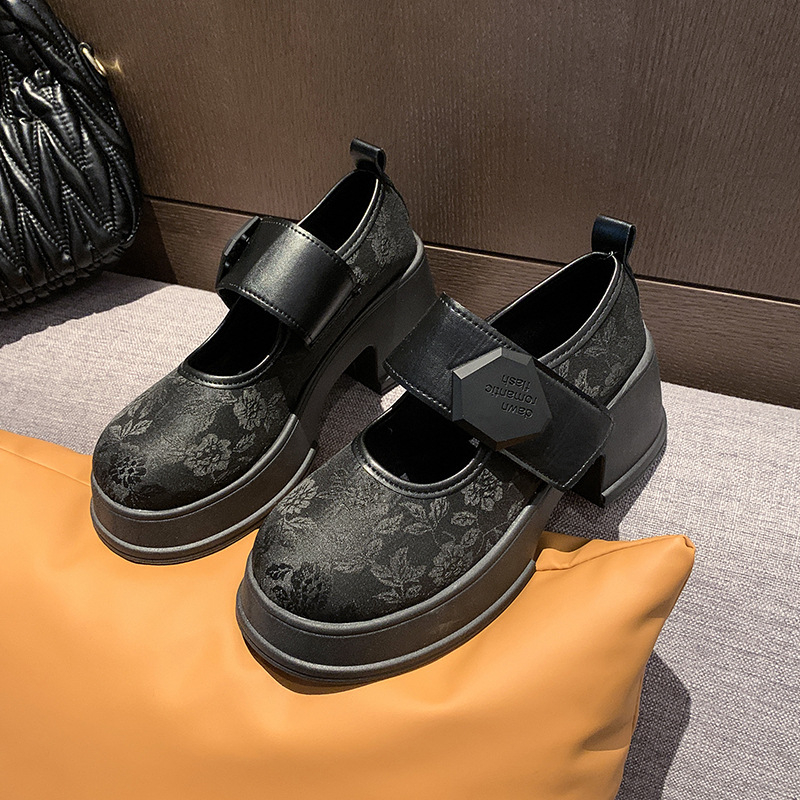 Лофери Мери Джейн с дебел ток, кръгъл нос, PU горна част, закопчаване с катарама, 3–5 см височина на тока