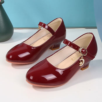 Обувки за момичета на ток, PU горна част, подметка от телешко сухожилие, закопчаване с катарама, нисък глезен, дишащи