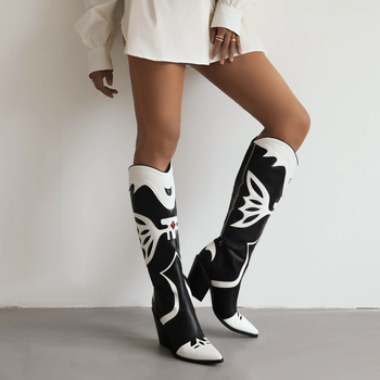 Дамски ботуши в стил Европа‑Америка, до средата на прасците, остър нос, дебел висок ток над 8 см, горна част от изкуствена кожа, плъзгащ се дизайн