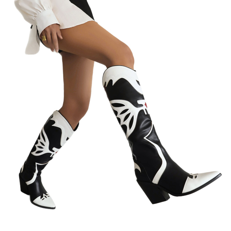 Дамски ботуши в стил Европа‑Америка, до средата на прасците, остър нос, дебел висок ток над 8 см, горна част от изкуствена кожа, плъзгащ се дизайн