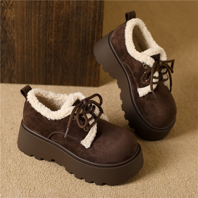 Γυναικεία χειμερινά παπούτσια με πλατφόρμα, βελούρι, εσωτερική επένδυση από συνθετικό κοντό γούννα, PU σόλα, ύψος πλατφόρμας 6–8 εκ, κορδόνια
