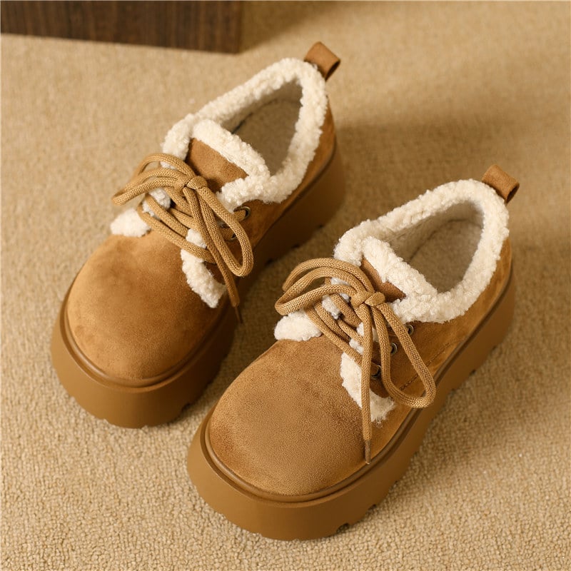 Γυναικεία χειμερινά παπούτσια με πλατφόρμα, βελούρι, εσωτερική επένδυση από συνθετικό κοντό γούννα, PU σόλα, ύψος πλατφόρμας 6–8 εκ, κορδόνια