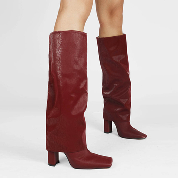 Cizme de damă satinate până la genunchi, vârf pătrat, toc gros, toc foarte înalt