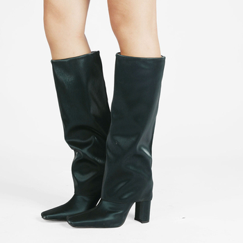 Cizme de damă satinate până la genunchi, vârf pătrat, toc gros, toc foarte înalt