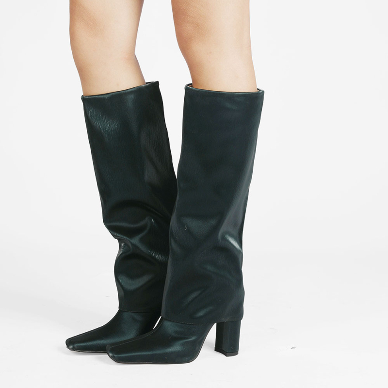 Cizme de damă satinate până la genunchi, vârf pătrat, toc gros, toc foarte înalt