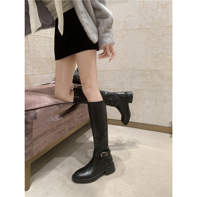 Cizme de călărie pentru femei din piele naturală, căptușite cu blană de miel, fermoar lateral, talpă din cauciuc