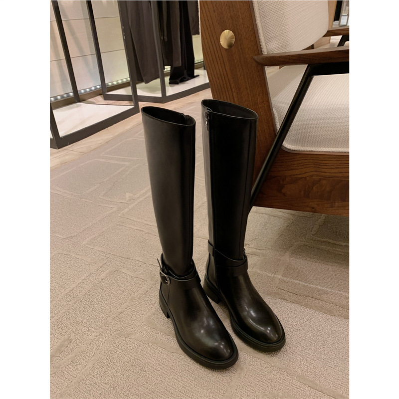 Cizme de călărie pentru femei din piele naturală, căptușite cu blană de miel, fermoar lateral, talpă din cauciuc