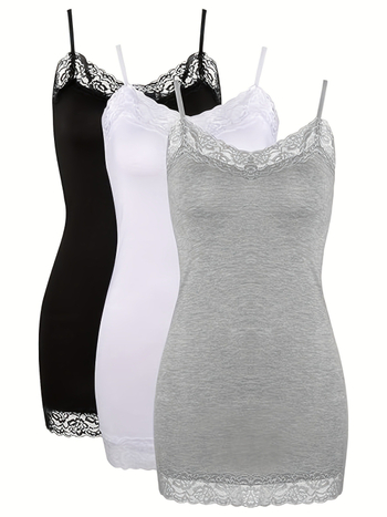 3-djelna ženska duga camisole od poliestera s čipkastim patchworkom dekolte i podesivim tankim naramenicama, srednja duljina