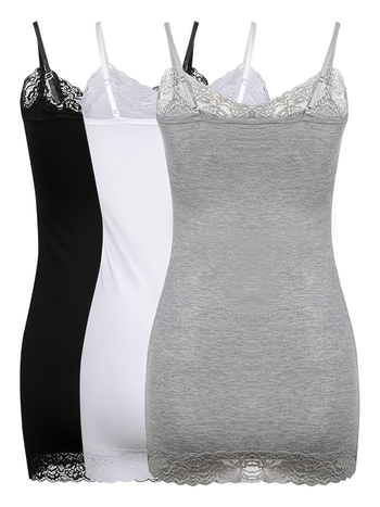 3-djelna ženska duga camisole od poliestera s čipkastim patchworkom dekolte i podesivim tankim naramenicama, srednja duljina