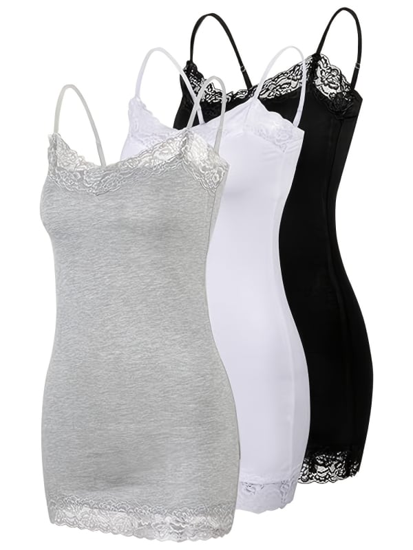 3-djelna ženska duga camisole od poliestera s čipkastim patchworkom dekolte i podesivim tankim naramenicama, srednja duljina