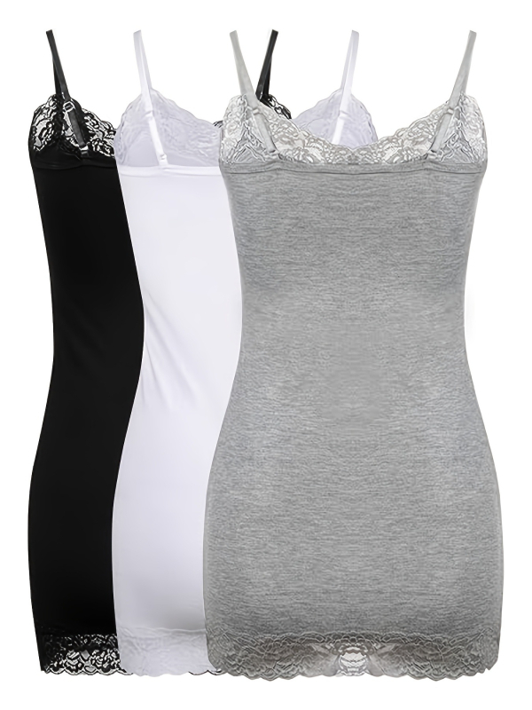 3-djelna ženska duga camisole od poliestera s čipkastim patchworkom dekolte i podesivim tankim naramenicama, srednja duljina