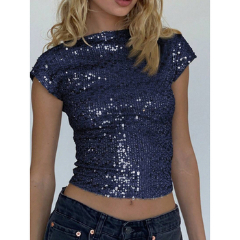 Тениска с пайети от полиестер и еластан, еднотонна, кръгло деколте, къс ръкав