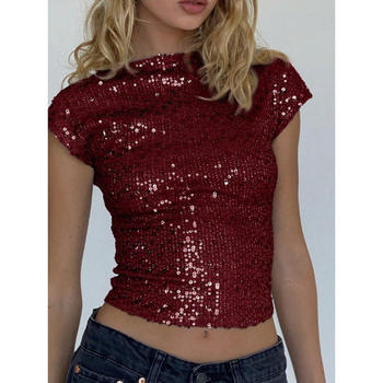 Тениска с пайети от полиестер и еластан, еднотонна, кръгло деколте, къс ръкав