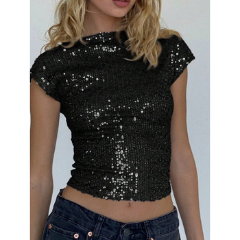 Тениска с пайети от полиестер и еластан, еднотонна, кръгло деколте, къс ръкав