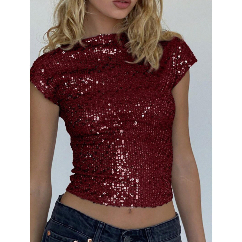 Тениска с пайети от полиестер и еластан, еднотонна, кръгло деколте, къс ръкав