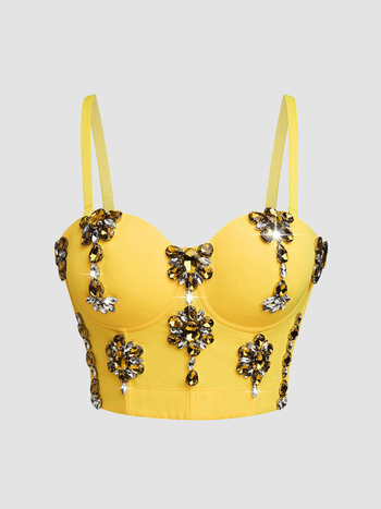 Bustier top s dijamantnom ukrasom; kostna silueta; ultra kratka duljina do 40 cm; poliester-elastan tkanina; uklonjive naramenice