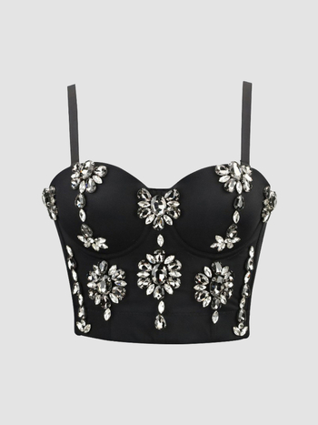 Bustier top s dijamantnom ukrasom; kostna silueta; ultra kratka duljina do 40 cm; poliester-elastan tkanina; uklonjive naramenice