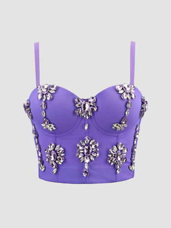 Bustier top s dijamantnom ukrasom; kostna silueta; ultra kratka duljina do 40 cm; poliester-elastan tkanina; uklonjive naramenice