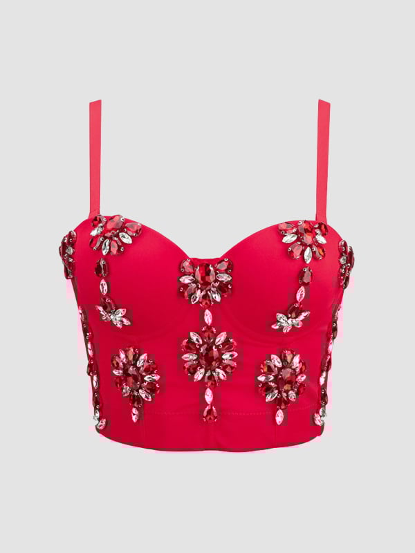 Bustier top s dijamantnom ukrasom; kostna silueta; ultra kratka duljina do 40 cm; poliester-elastan tkanina; uklonjive naramenice