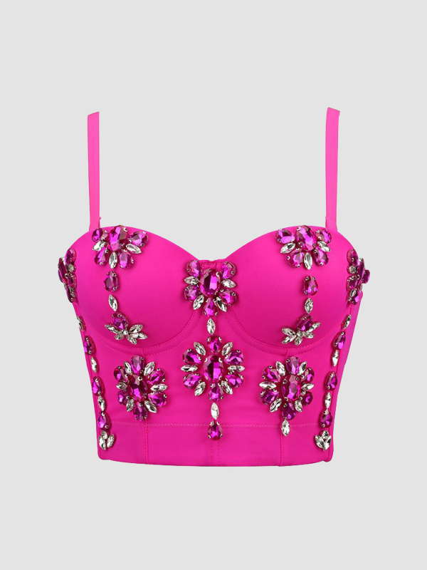 Bustier top s dijamantnom ukrasom; kostna silueta; ultra kratka duljina do 40 cm; poliester-elastan tkanina; uklonjive naramenice