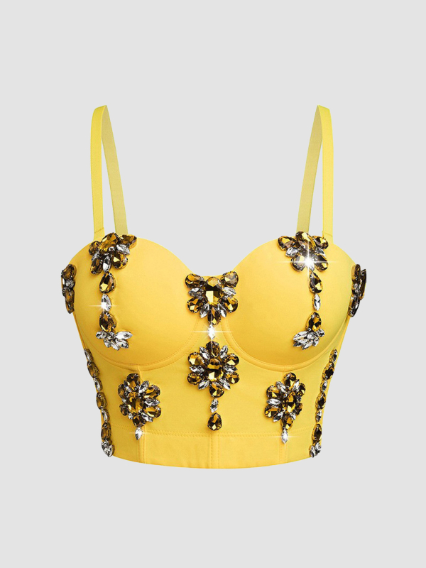 Bustier top s dijamantnom ukrasom; kostna silueta; ultra kratka duljina do 40 cm; poliester-elastan tkanina; uklonjive naramenice