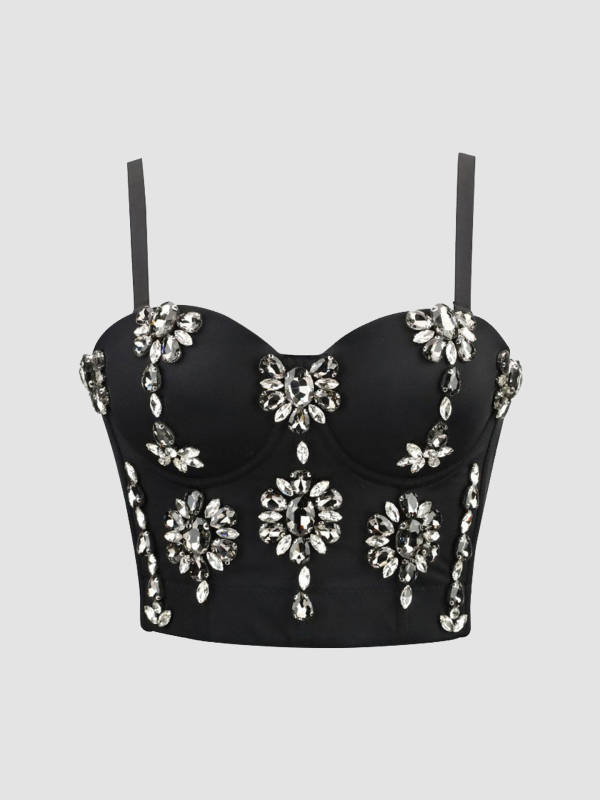 Bustier top s dijamantnom ukrasom; kostna silueta; ultra kratka duljina do 40 cm; poliester-elastan tkanina; uklonjive naramenice