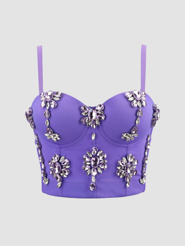 Bustier top s dijamantnom ukrasom; kostna silueta; ultra kratka duljina do 40 cm; poliester-elastan tkanina; uklonjive naramenice