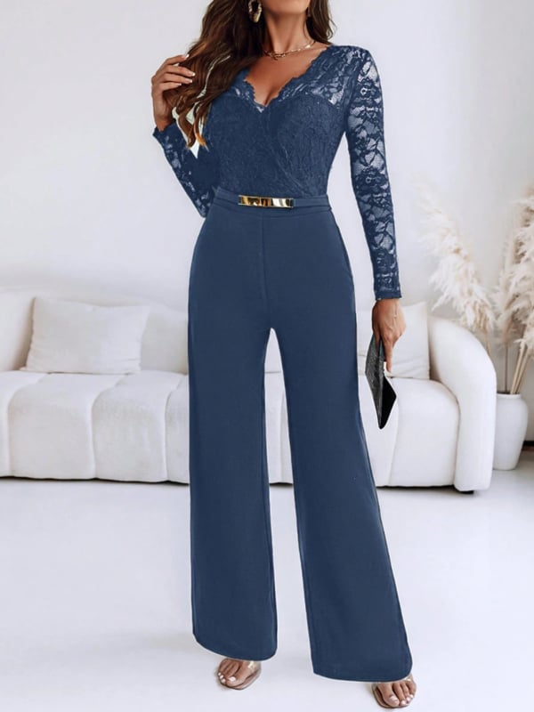 Гащеризон с дълги ръкави, висока талия, клеш крачоли, полиестрова материя, колажни детайли