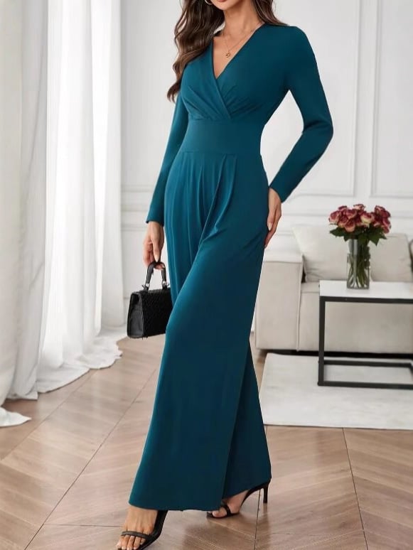 Елегантен гащеризон с висока талия, дълги ръкави и широки крачоли от полиестер — есен 2025