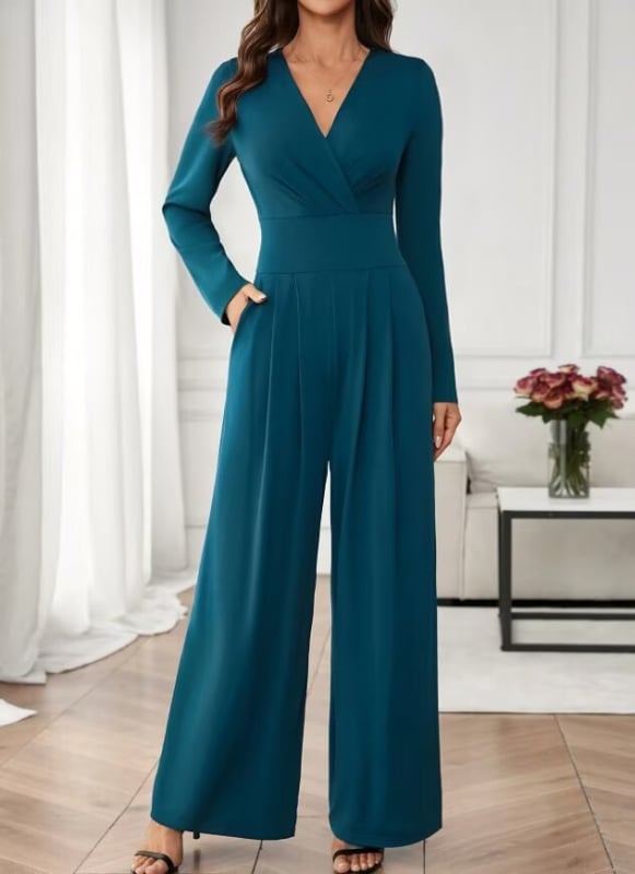 Елегантен гащеризон с висока талия, дълги ръкави и широки крачоли от полиестер — есен 2025