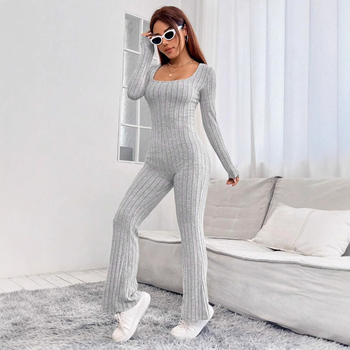 Женски гащеризон, корейски стил, дълъг ръкав, средна талия, прави панталони, полиестер